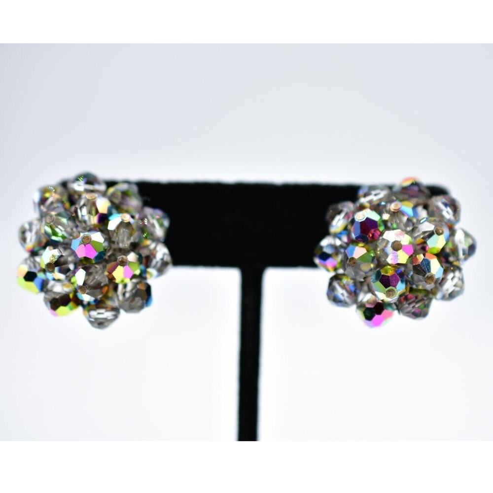 Laguna Vintage Clip On Earrings Watermelon AB Crystal Beaded Signed 1940s Bin7
